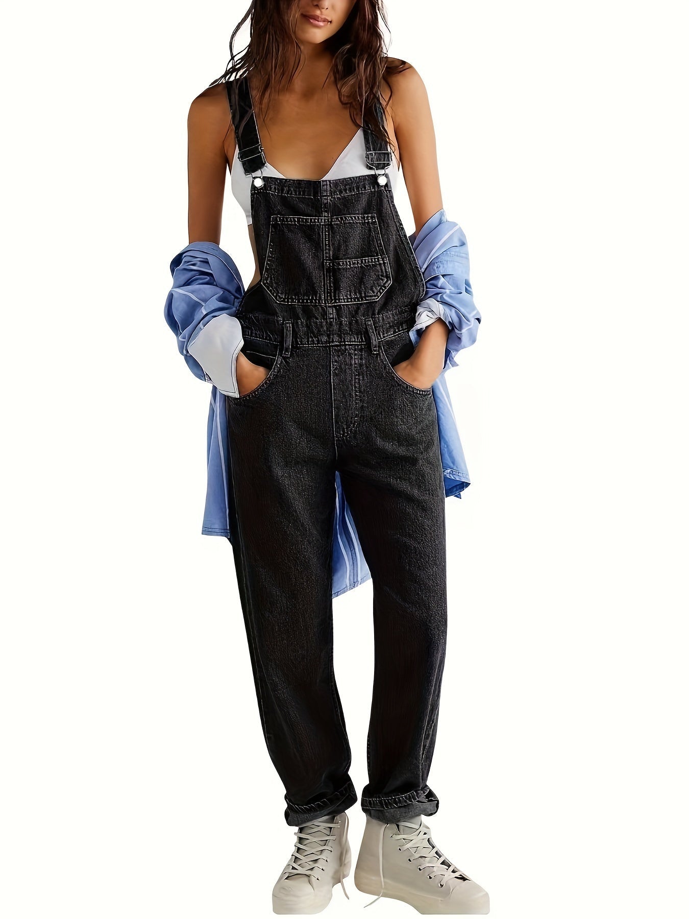 Women's denim jumpsuit featuring a casual relaxed fit, designed with functional pockets, perfect for all seasons. 8