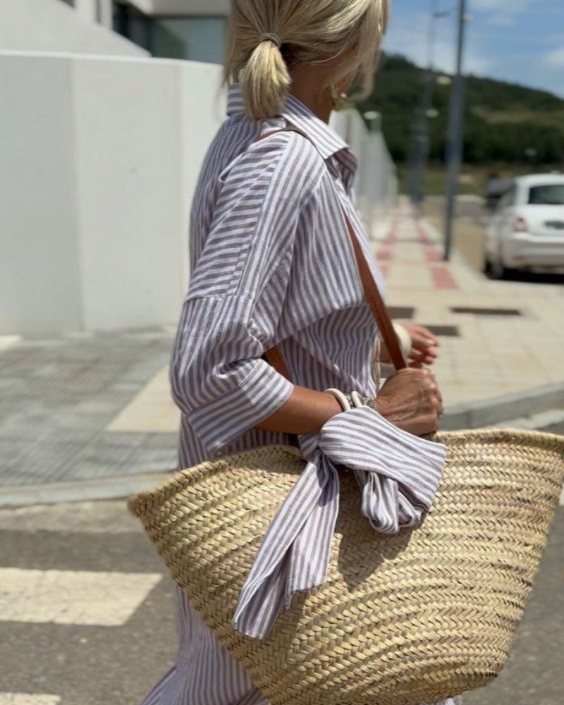 Women's button-front midi shirt dress with stripes, designed for comfort and style in summer, featuring a flattering fit and versatile design. 4