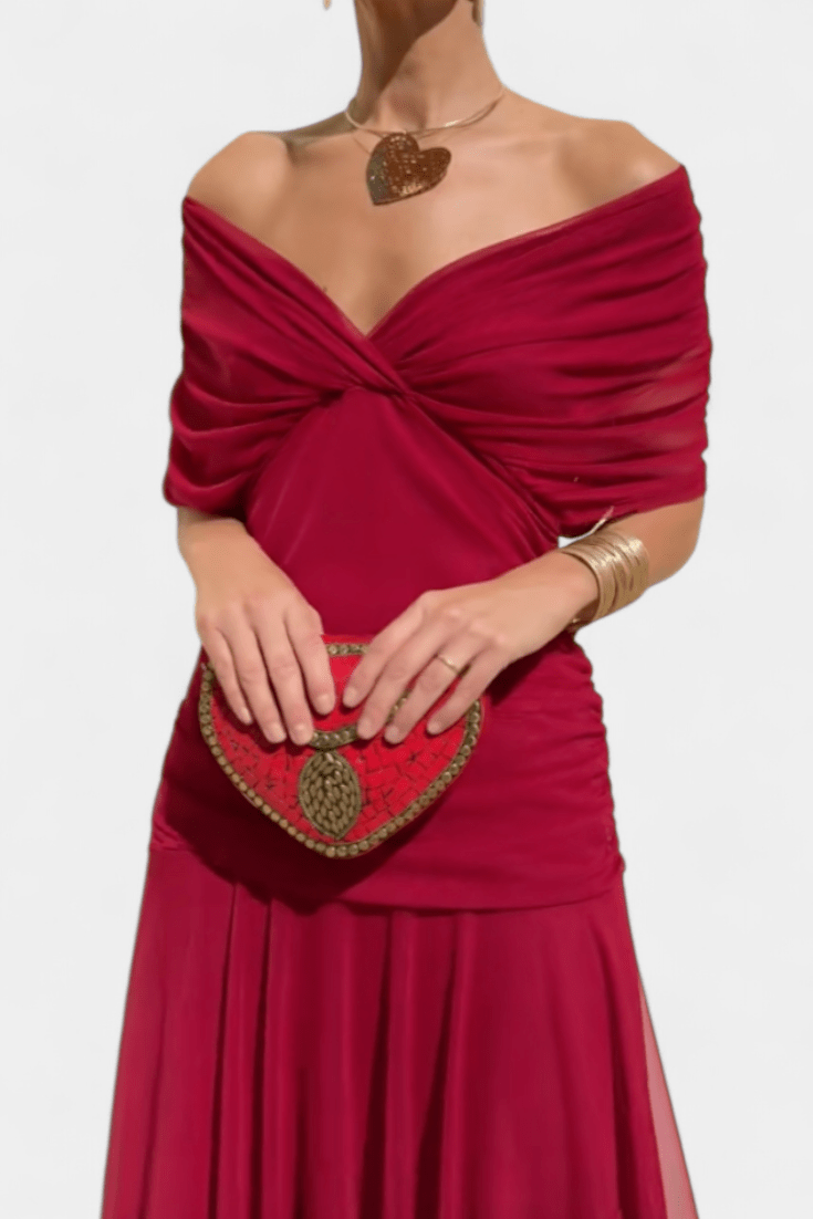 Elegant women's wedding guest dress featuring a V-neck floral design, pleated waist, and a long flowing skirt, perfect for special occasions. 12