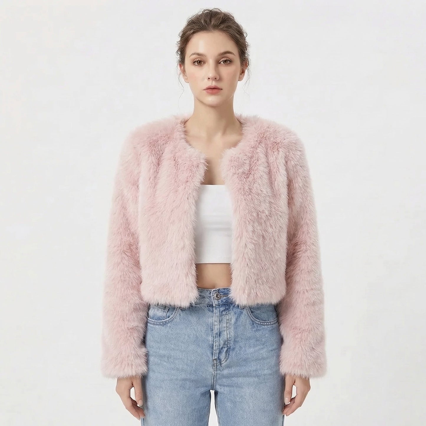 Women's faux fur jacket featuring a stylish cropped silhouette, perfect for adding a soft, lightweight layer to winter outfits, ideal for elegant evening wear. 6