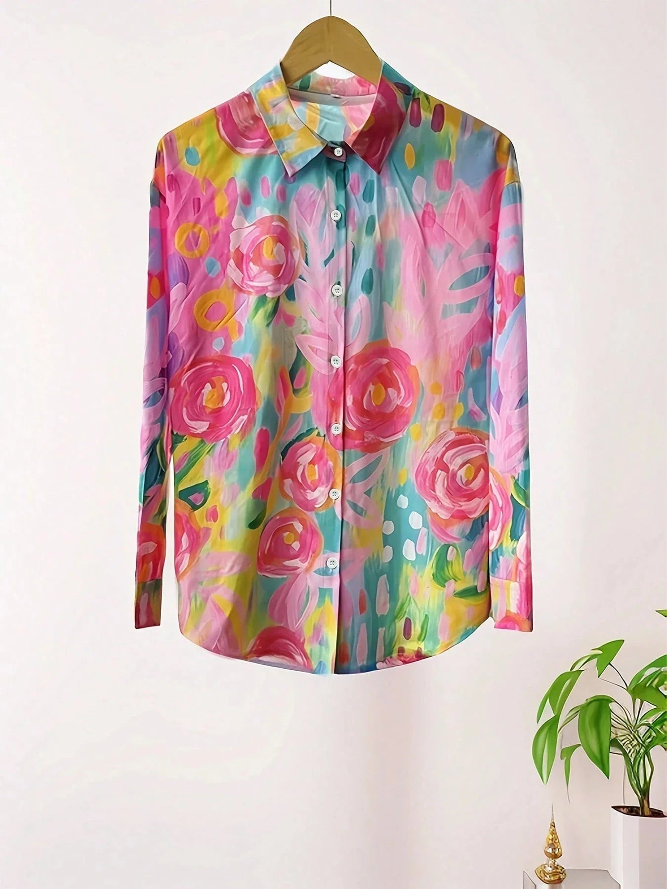 Womens Floral Blouse with Button Front, colorful summer top in plus size from S to 5XL, featuring a vibrant floral print ideal for warm 6