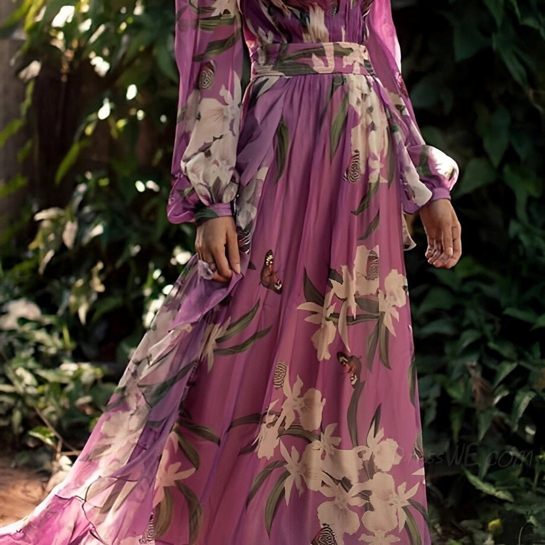 Women's floral maxi dress featuring a stylish V neckline and flowing sleeves, perfect for summer occasions and designed for comfort and elegance. 3