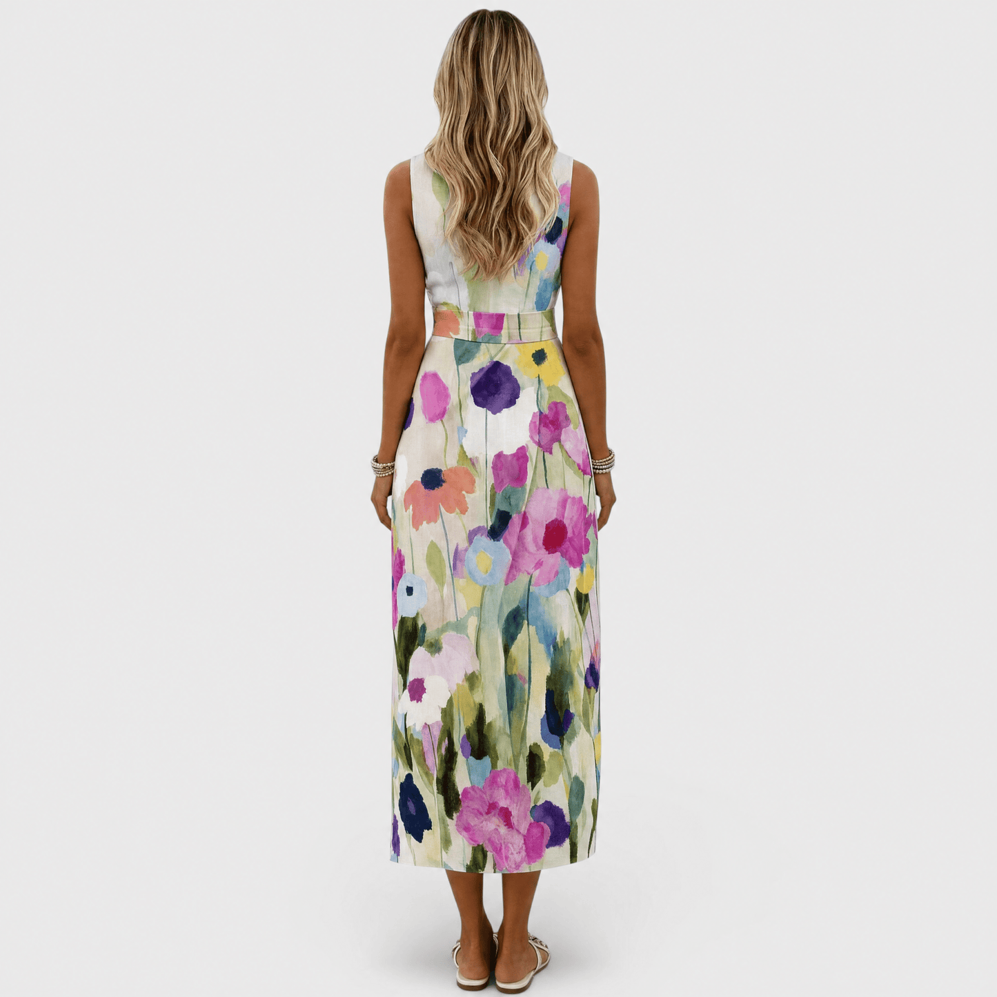 Womens floral midi dress featuring an A-line silhouette and waist belt, designed with a vibrant watercolor print, perfect for summer occasions. 3