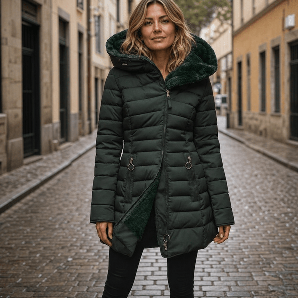 Women's long quilted black puffer jacket featuring an adjustable hood, designed for warmth and style in cold weather conditions. 8