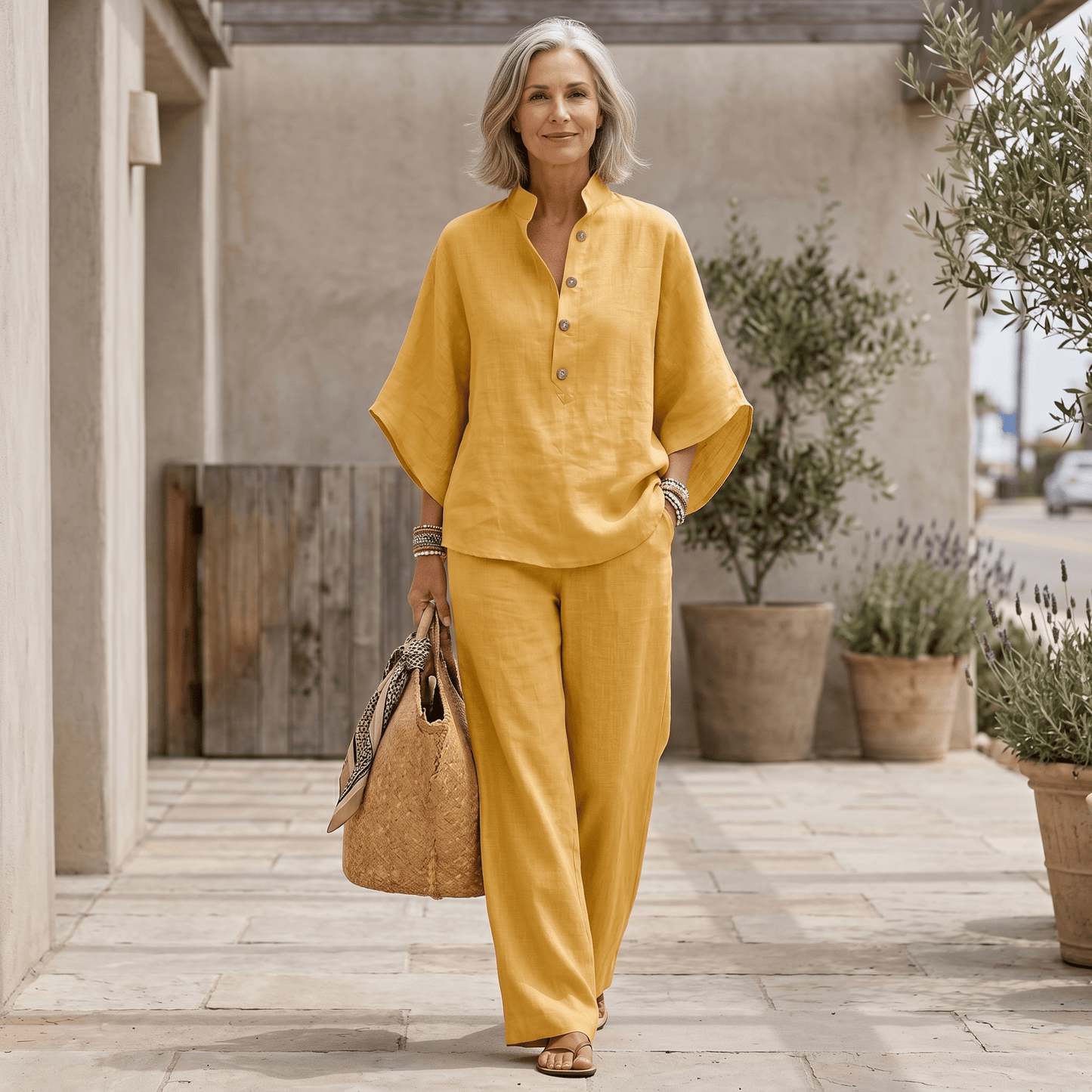 Women's loungewear set featuring batwing sleeves and wide-leg pants in a linen-textured natural style, perfect for comfort and relaxation. 6