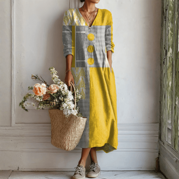 Women's maxi dress featuring a colorful abstract print, made from lightweight linen for a relaxed fit, perfect for summer casual wear. 0