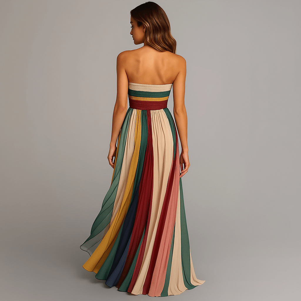 Plus size women's maxi dress featuring a vibrant, colorful strapless design with elegant pleats, perfect for summer occasions. 3