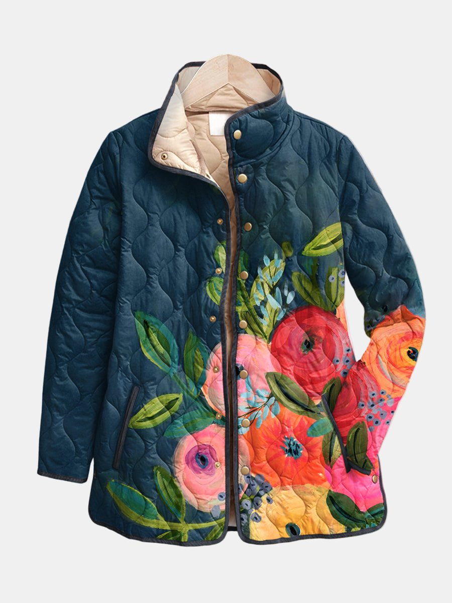 Women's lightweight quilted jacket featuring a vintage floral print, designed for warmth and style in retro outerwear. 0