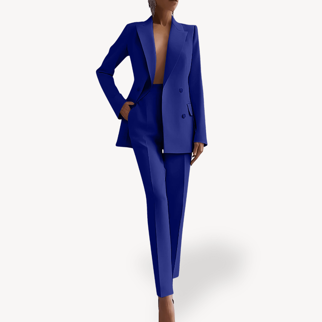 Elegant women's suit set featuring a long double-breasted blazer and slim pants, crafted from a luxurious wool blend, perfect for office and formal occasions. 6