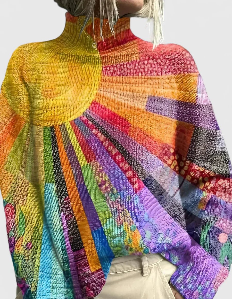 Women's multicolored sweater featuring a relaxed turtleneck and loose fit, crafted from soft and breathable fabric, perfect for casual wear and comfort. 0