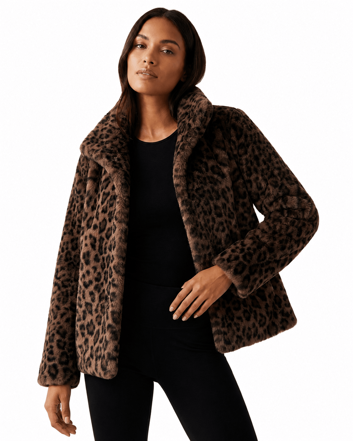 Women's teddy jacket featuring plush leopard print fabric, designed for a relaxed fit, perfect for stylish fall and winter outerwear. 5
