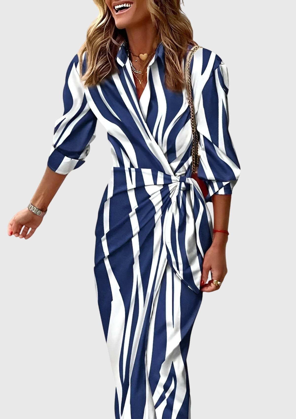 Elegant plus size women's wrap dress featuring an adjustable fit and modern print, perfect for summer outings and special occasions. 11