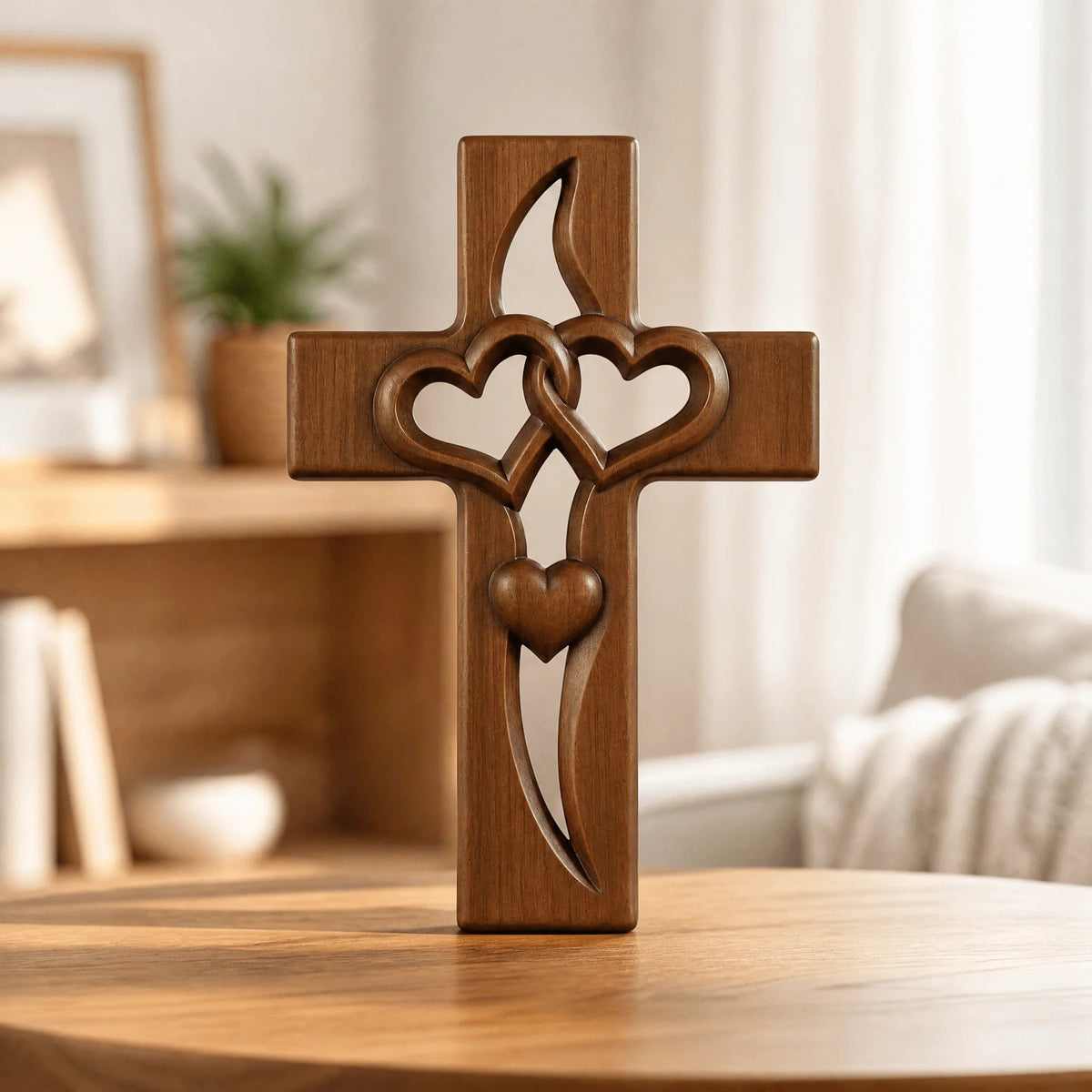 Intricate carved wooden wall cross featuring heart designs, perfect natural wood decor for entryway or living room, measuring 16cm x 25cm. 7