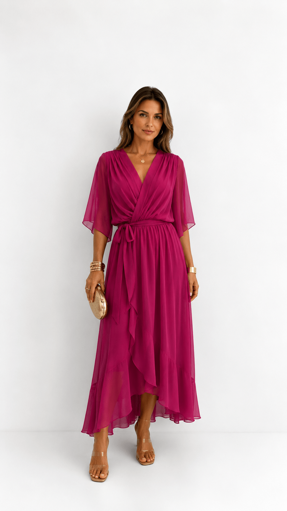 Elegant chiffon wrap maxi dress for women featuring flutter sleeves and an adjustable waist tie
15