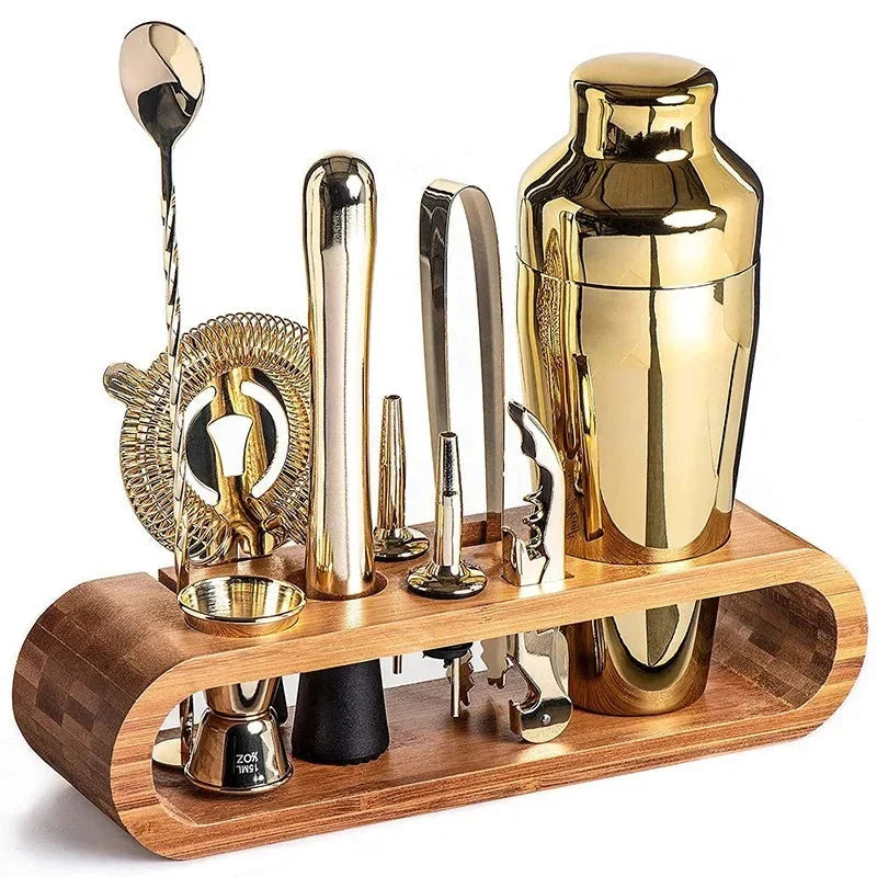 10-piece cocktail shaker set featuring durable stainless steel tools and a stylish bamboo stand, perfect for home bar mixology enthusiasts. 0