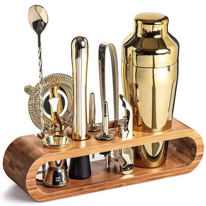 10-piece cocktail shaker set featuring durable stainless steel tools and a stylish bamboo stand, perfect for home bar mixology enthusiasts. 0