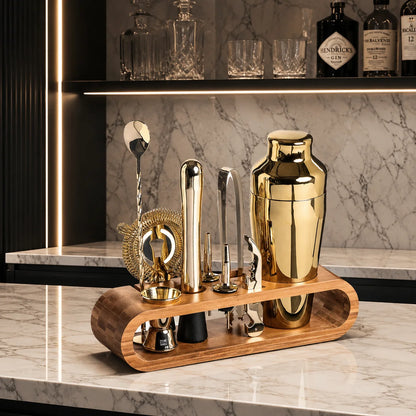 10-piece cocktail shaker set featuring durable stainless steel tools and a stylish bamboo stand, perfect for home bar mixology enthusiasts. 1