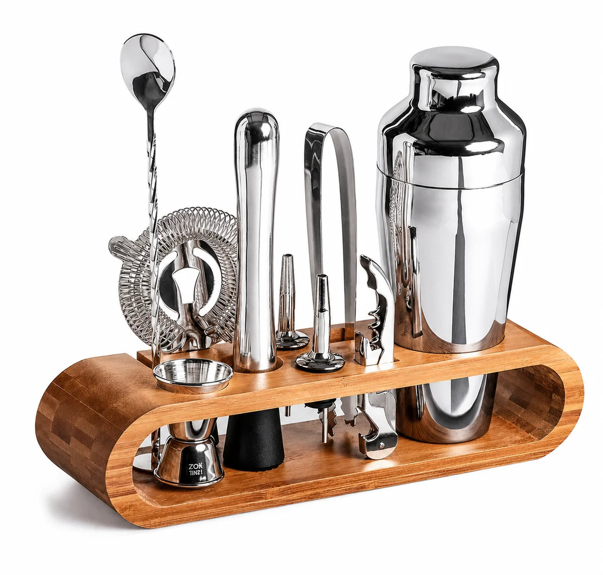 10-piece cocktail shaker set featuring durable stainless steel tools and a stylish bamboo stand, perfect for home bar mixology enthusiasts. 2