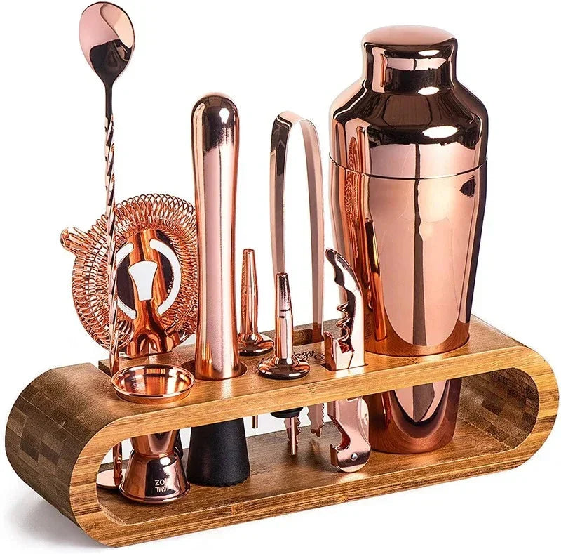 10-piece cocktail shaker set featuring durable stainless steel tools and a stylish bamboo stand, perfect for home bar mixology enthusiasts. 3