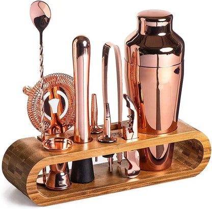 10-piece cocktail shaker set featuring durable stainless steel tools and a stylish bamboo stand, perfect for home bar mixology enthusiasts. 3