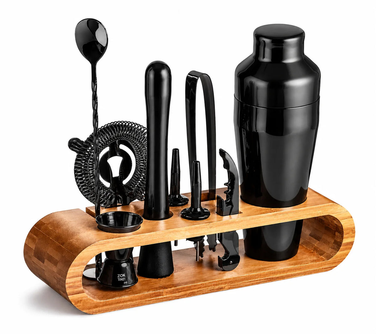 10-piece cocktail shaker set featuring durable stainless steel tools and a stylish bamboo stand, perfect for home bar mixology enthusiasts. 4