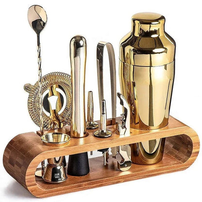 10-piece cocktail shaker set featuring durable stainless steel tools and a stylish bamboo stand, perfect for home bar mixology enthusiasts. 0