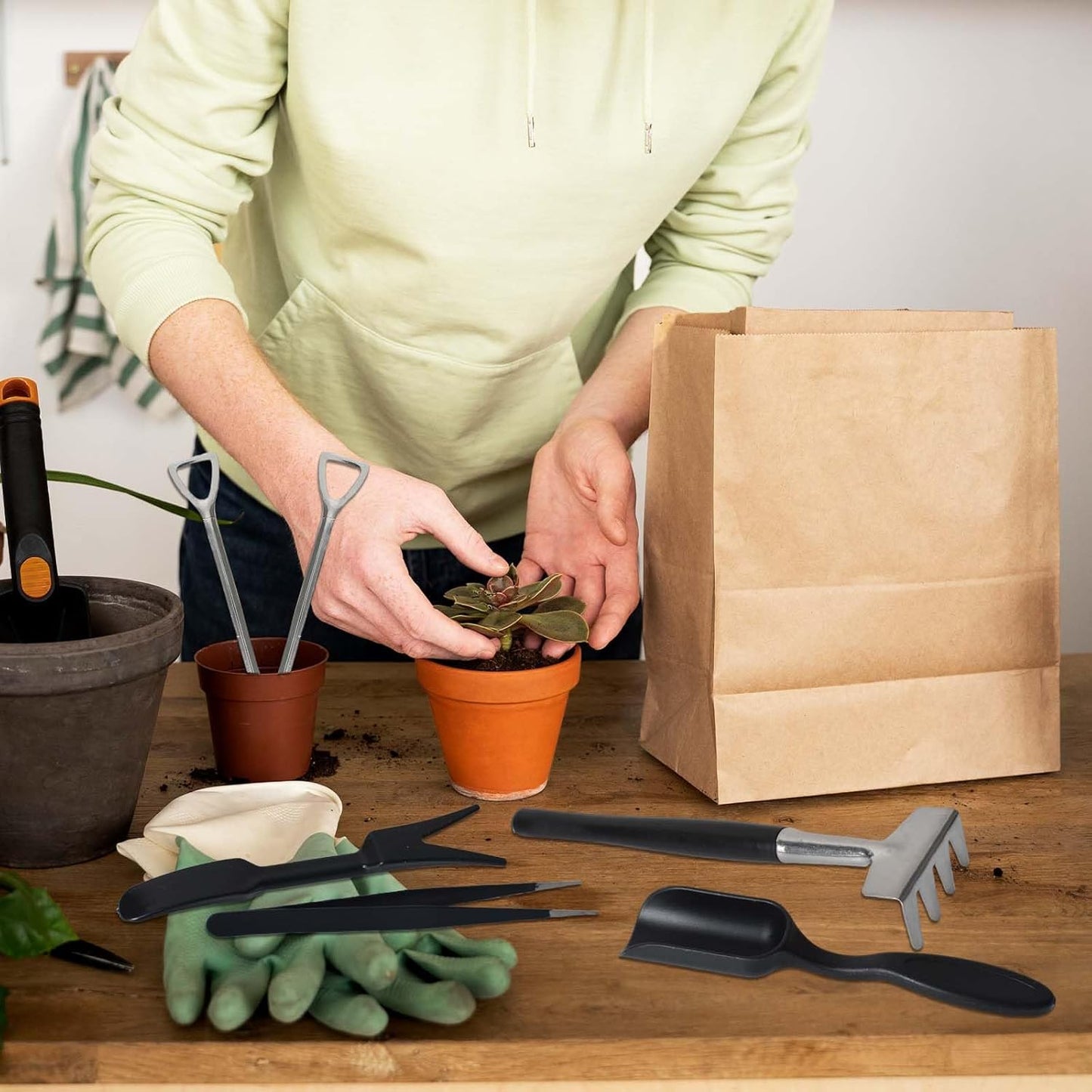 12-in-1 gardening tools set for succulents featuring durable steel heads and a compact storage bag, perfect for indoor plant care essentials. 5