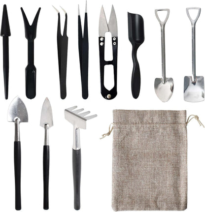 12-in-1 gardening tools set for succulents featuring durable steel heads and a compact storage bag, perfect for indoor plant care essentials. 0