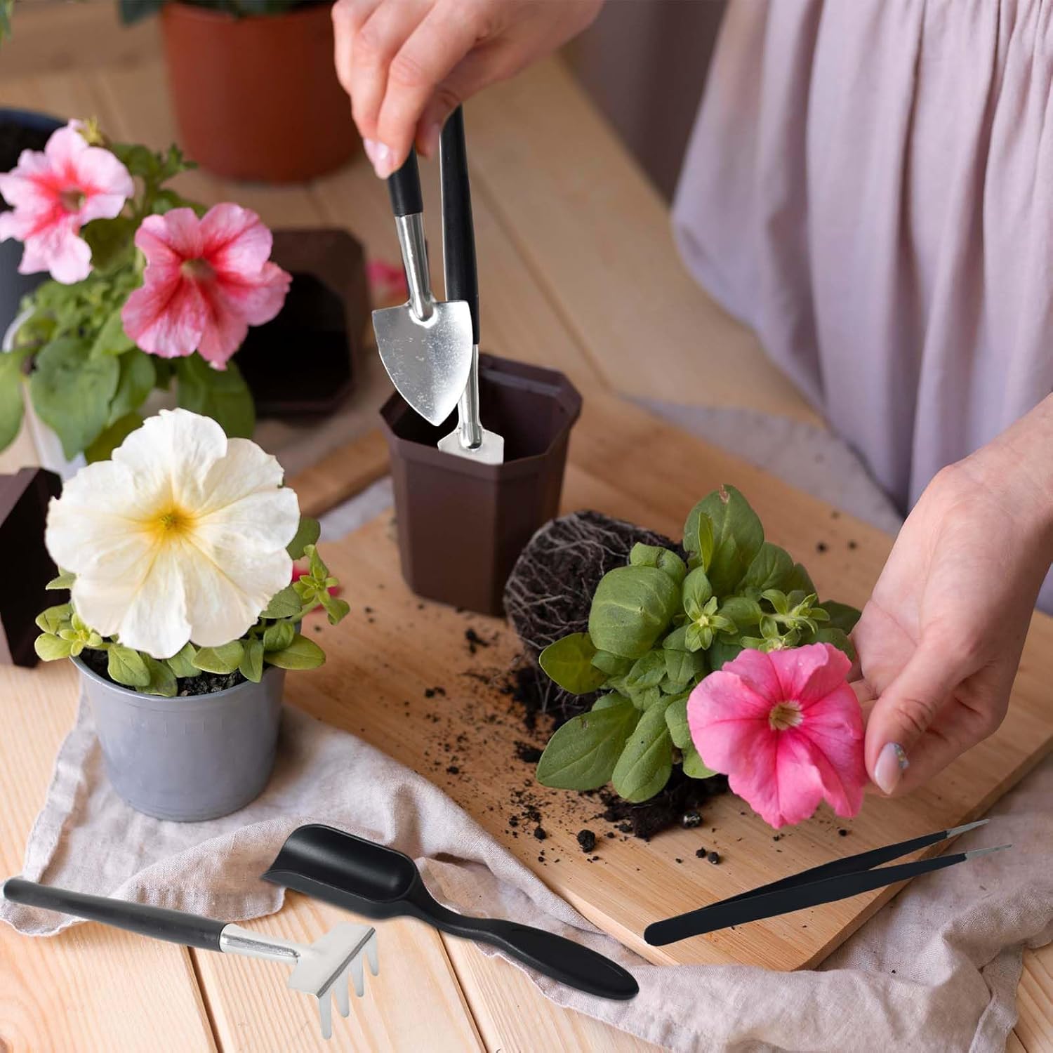 12-in-1 gardening tools set for succulents featuring durable steel heads and a compact storage bag, perfect for indoor plant care essentials. 3