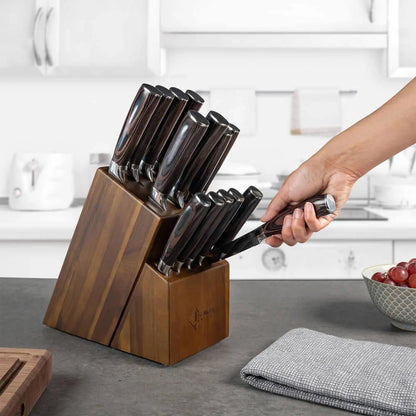14-Piece Japanese Knife Block Set featuring high-quality kitchen knives and shears, elegantly housed in a natural acacia hardwood block for optimal organization and style 2