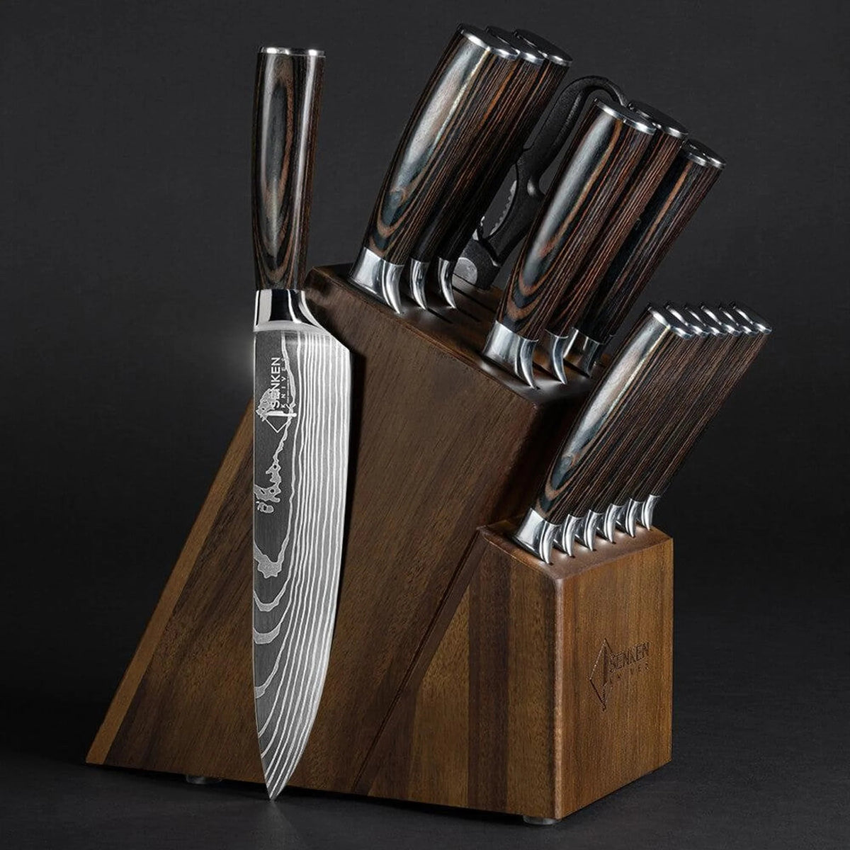 14-Piece Japanese Knife Block Set featuring high-quality kitchen knives and shears, elegantly housed in a natural acacia hardwood block for optimal organization and style 1