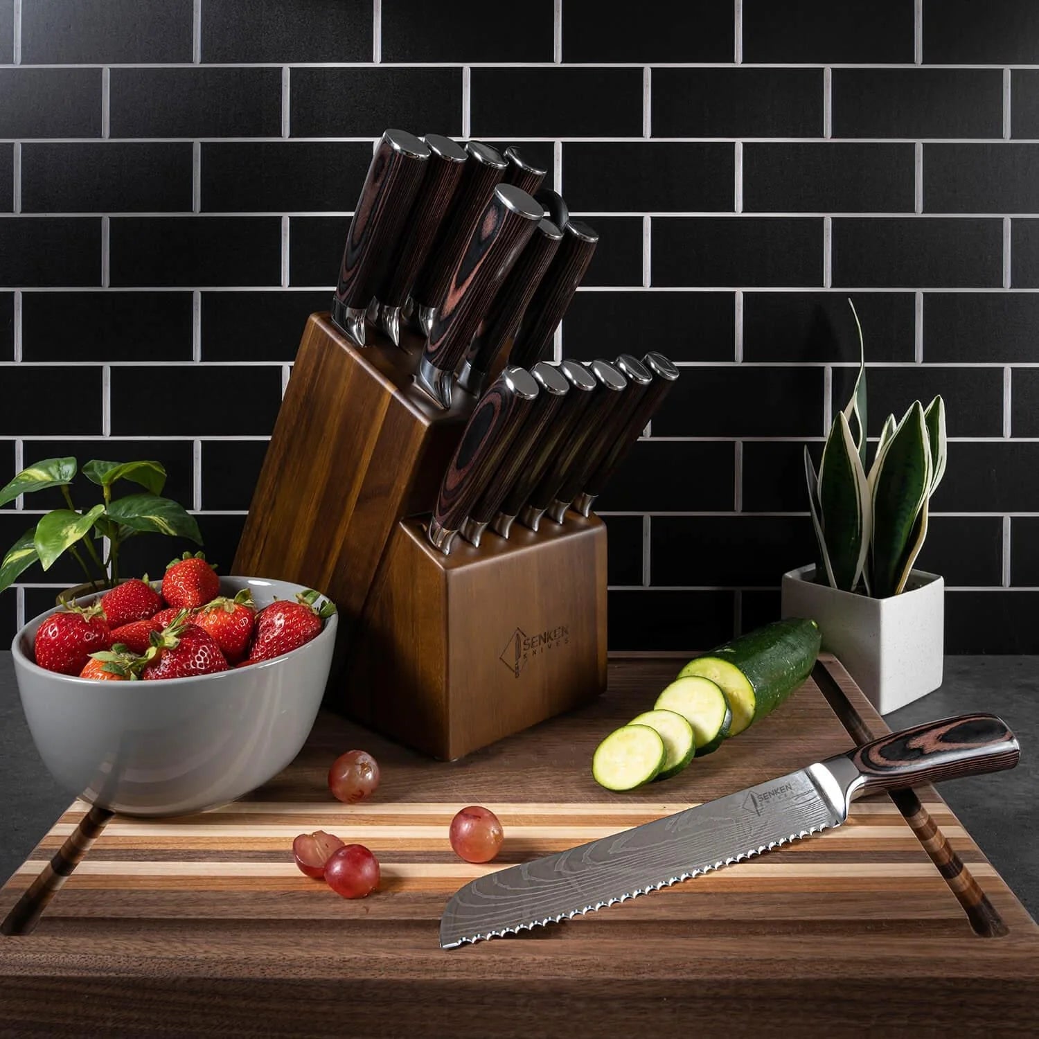 14-Piece Japanese Knife Block Set featuring high-quality kitchen knives and shears, elegantly housed in a natural acacia hardwood block for optimal organization and style 0