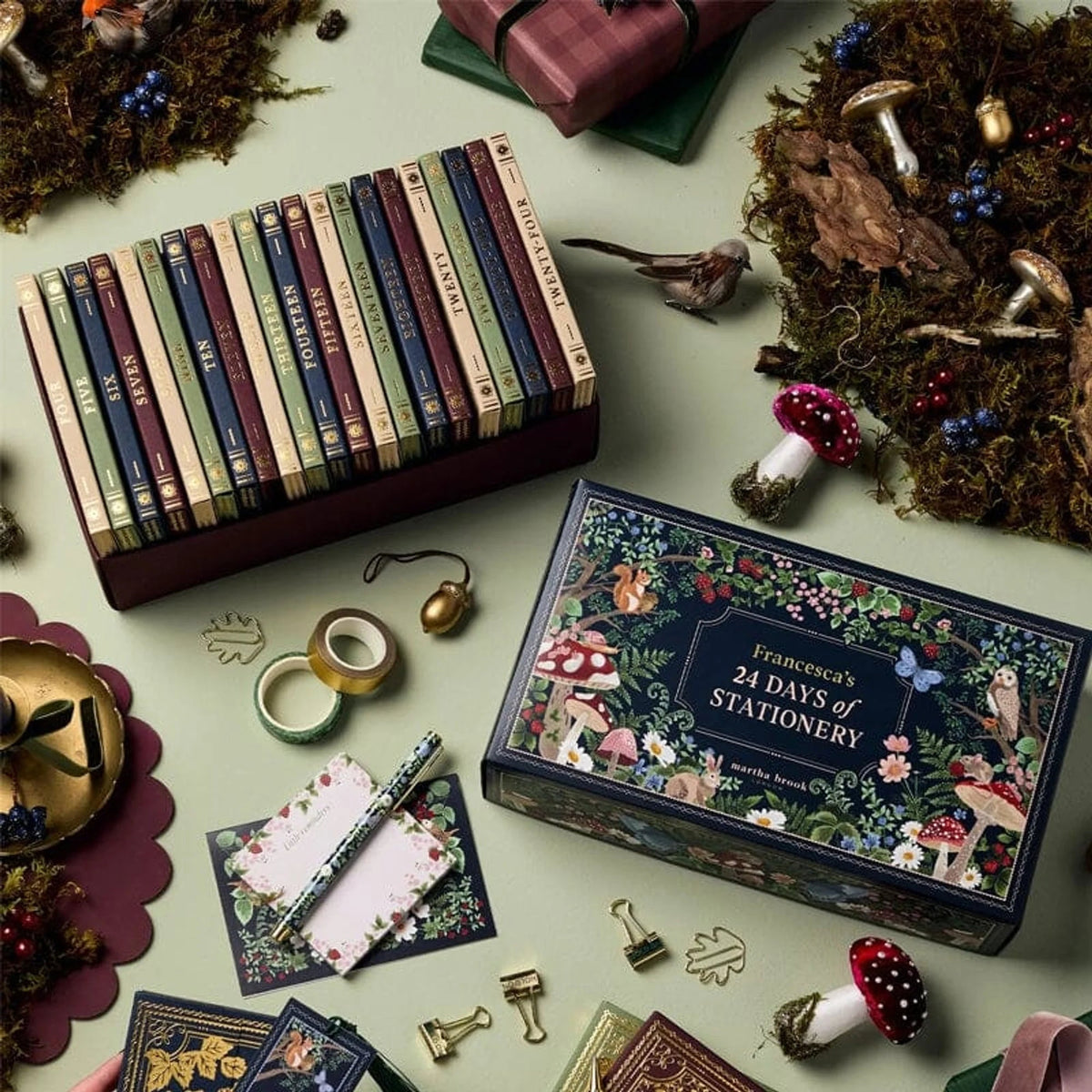 24-Day Stationery Advent Calendar featuring a charming woodland design in berry hues, crafted with eco-friendly packaging and includes reusable boxes for sustainable gifting. 1