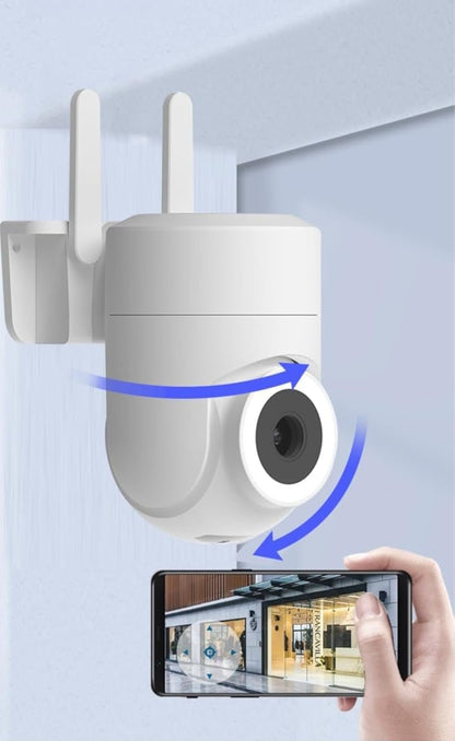 2K Security Camera featuring 355° pan capability, AI detection technology, and color night vision, designed for both indoor and outdoor surveillance. 4