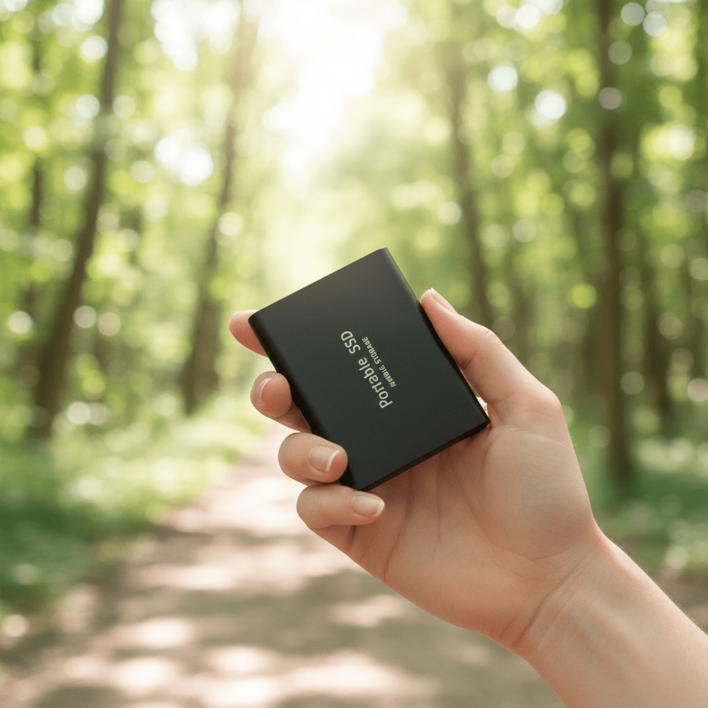 2TB external SSD with USB 3.1 and USB-C, compact portable design for fast data transfer and storage expansion. 1
