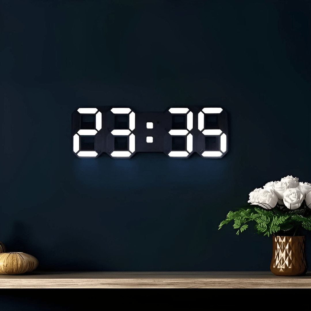 3D LED Digital Wall Clock with Backlight in modern minimalist design, made of plastic, dimensions 23.5 x 9.3 x  2