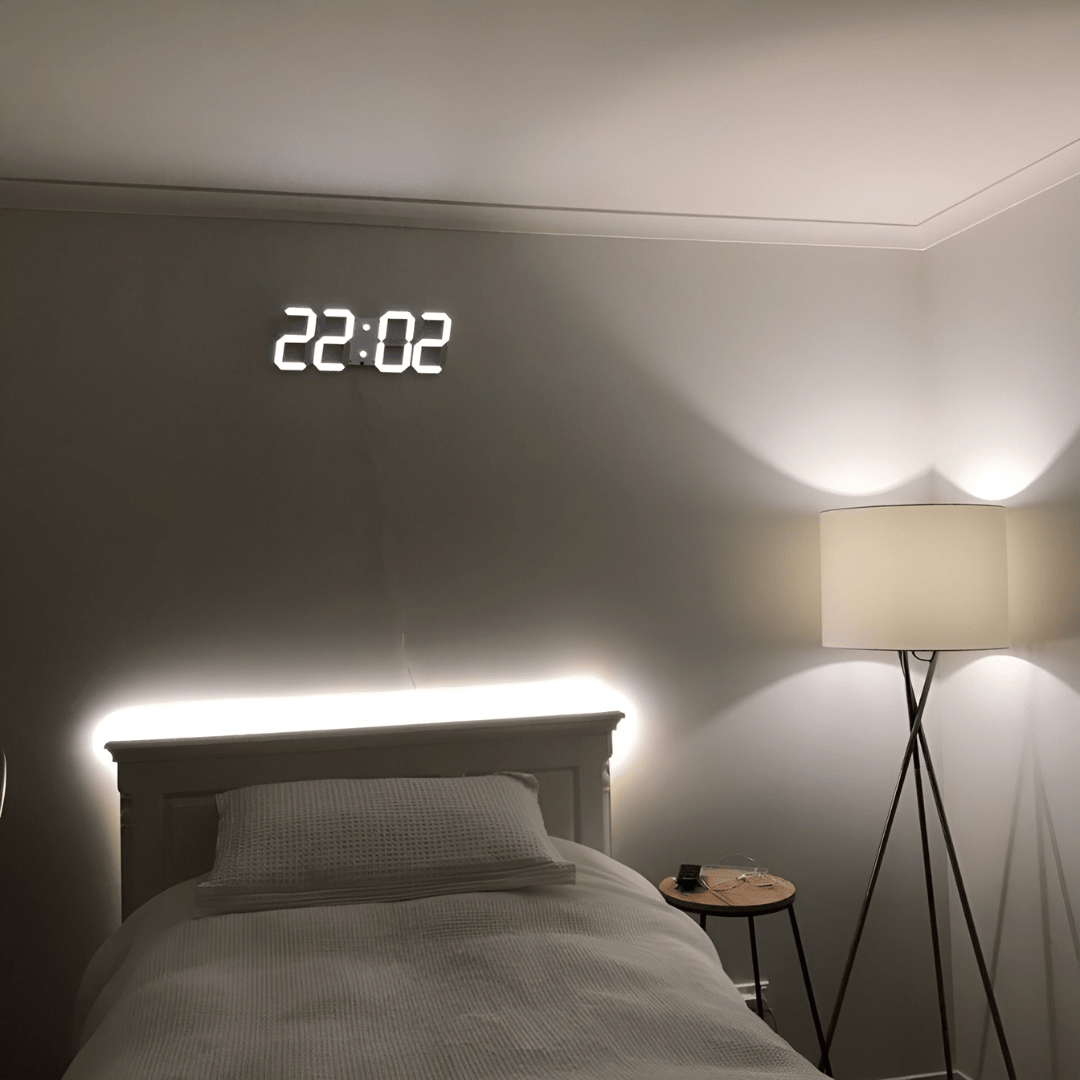 3D LED Digital Wall Clock with Backlight in modern minimalist design, made of plastic, dimensions 23.5 x 9.3 x  1