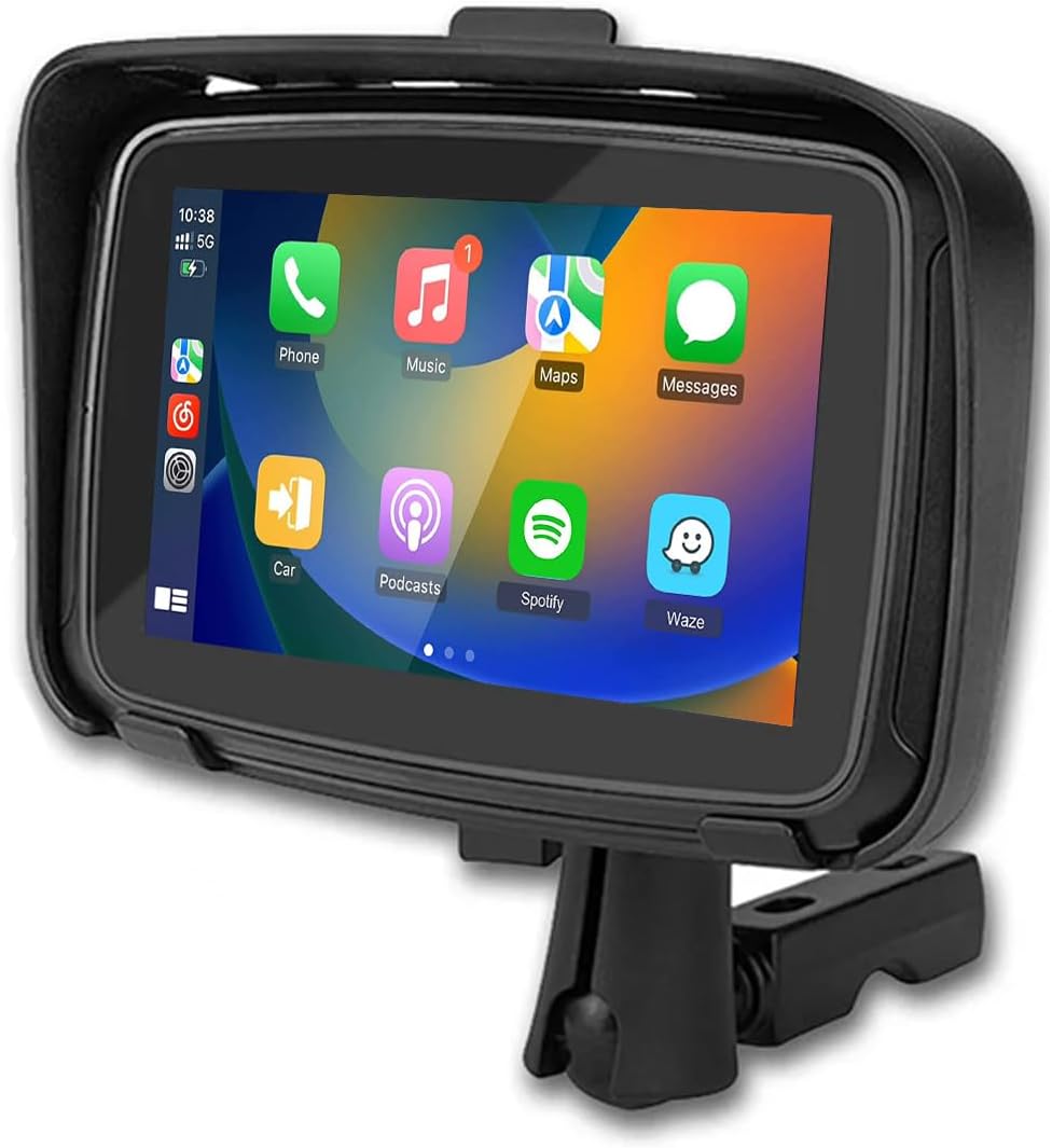 5-inch motorcycle monitor featuring wireless CarPlay and Android Auto, designed with an IPX6 waterproof touchscreen display for optimal visibility and durability in all weather conditions 0