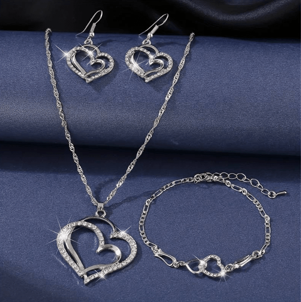 925 Sterling Silver Jewelry Set featuring a Double Heart Design, includes a matching necklace, earrings, and an adjustable bracelet. 2