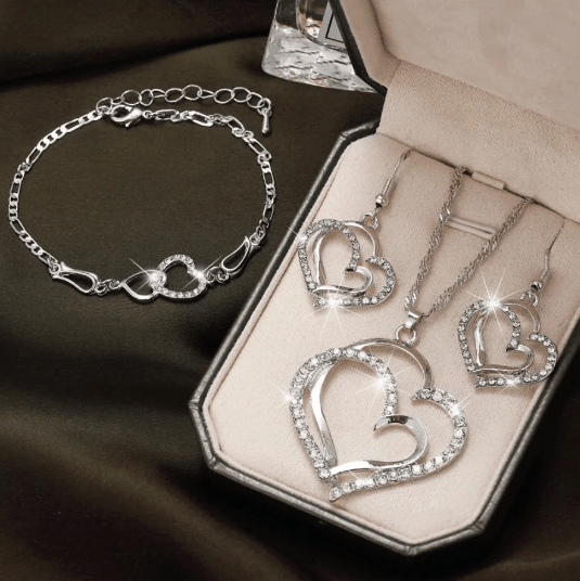 925 Sterling Silver Jewelry Set featuring a Double Heart Design, includes a matching necklace, earrings, and an adjustable bracelet. 0