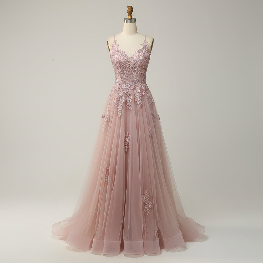 Elegant A-Line ball gown featuring an adjustable lace-up back, perfect for formal weddings and special events, designed to enhance your silhouette with its flowing skirt and 1