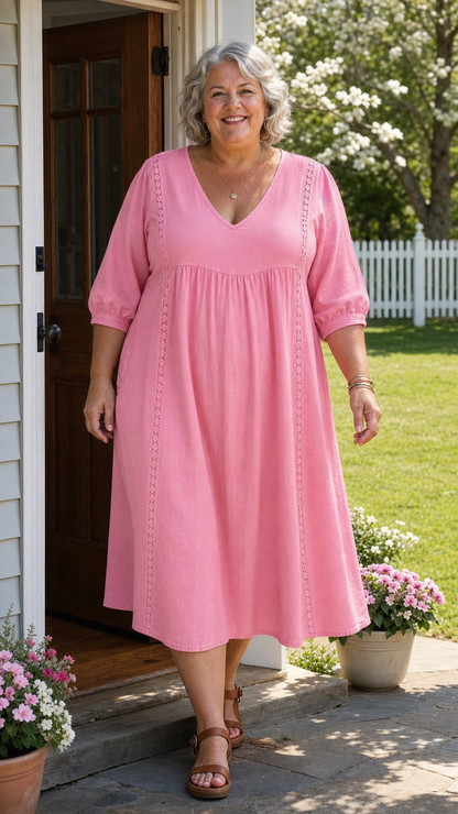 A-Line Maxi Dress featuring a stylish patchwork design and elegant lace trim, perfect for women seeking a lightweight and breathable long dress for any occasion. 2