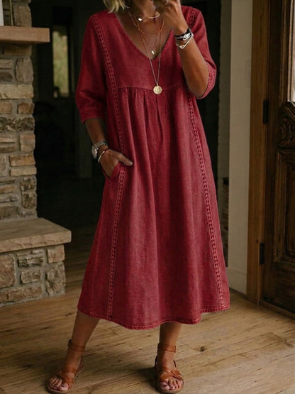 A-Line Maxi Dress featuring a stylish patchwork design and elegant lace trim, perfect for women seeking a lightweight and breathable long dress for any occasion. 4