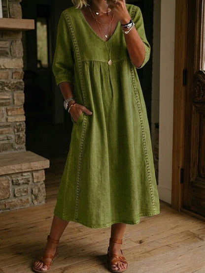 A-Line Maxi Dress featuring a stylish patchwork design and elegant lace trim, perfect for women seeking a lightweight and breathable long dress for any occasion. 5