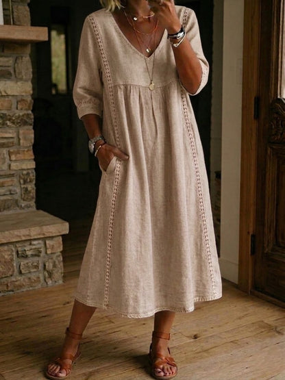 A-Line Maxi Dress featuring a stylish patchwork design and elegant lace trim, perfect for women seeking a lightweight and breathable long dress for any occasion. 6