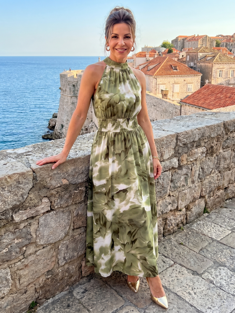 Abstract print midi dress featuring a halter neckline and defined waist, designed with lightweight, flowing fabric for a comfortable and stylish look. 4