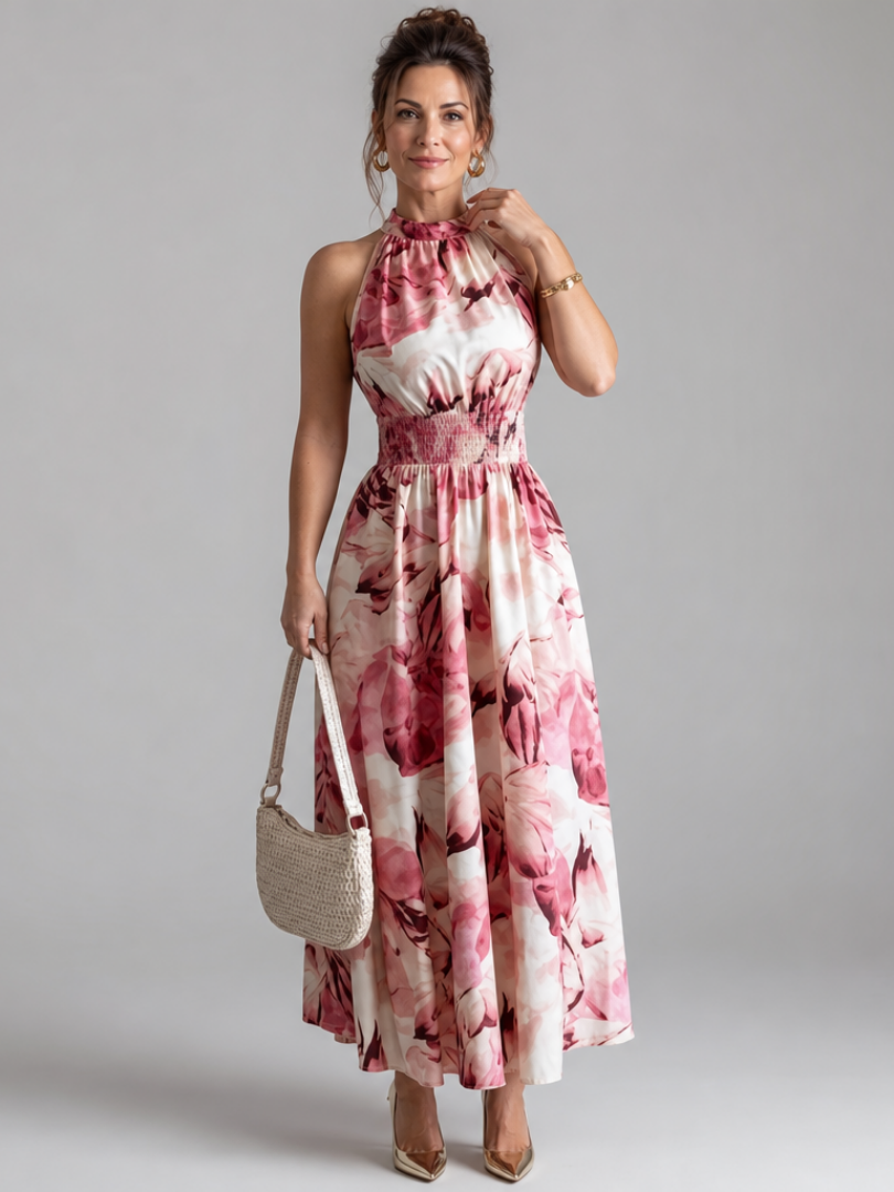 Abstract print midi dress featuring a halter neckline and defined waist, designed with lightweight, flowing fabric for a comfortable and stylish look. 7