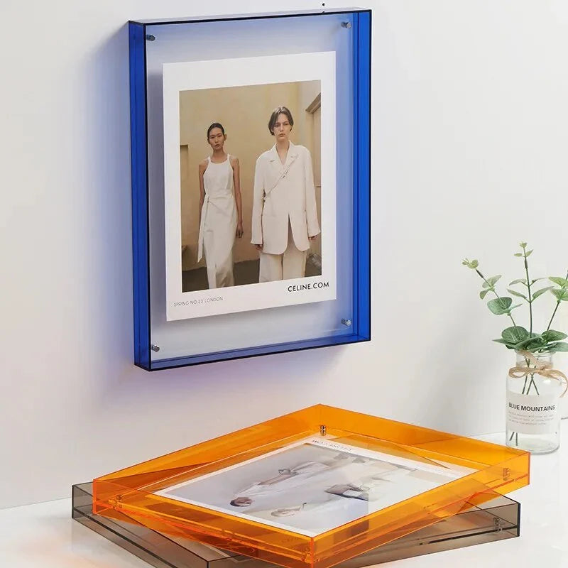 Acrylic photo frame with a vibrant color finish, perfect for modern wall or tabletop display, showcasing a stylish and contemporary design. 1
