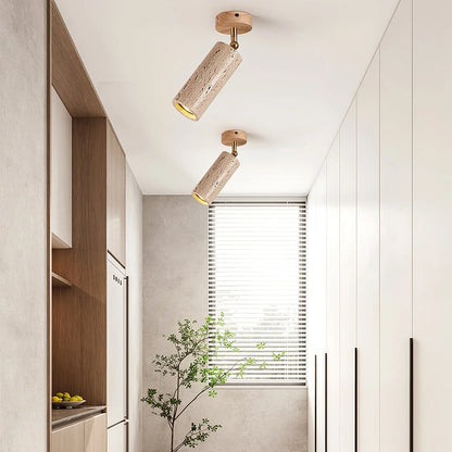 Adjustable ceiling light featuring a travertine shade and brass pivot, showcasing a compact modern design ideal for indoor accent lighting. 3