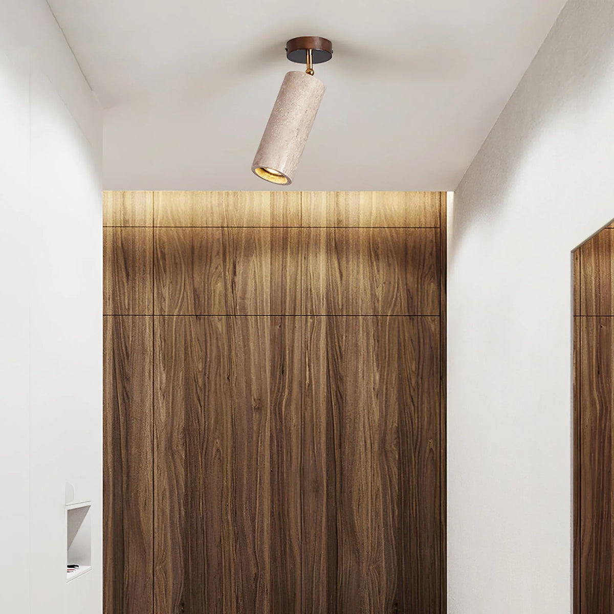Adjustable ceiling light featuring a travertine shade and brass pivot, showcasing a compact modern design ideal for indoor accent lighting. 8